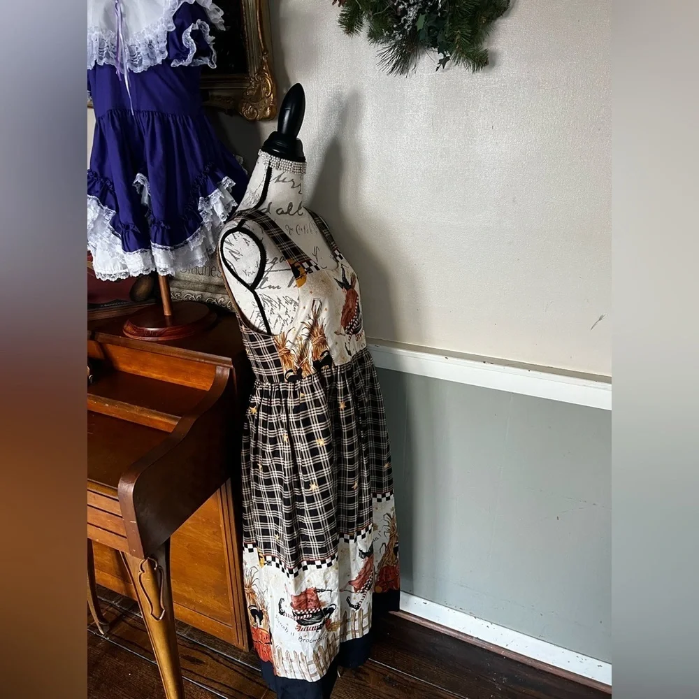 🧡 Rare Vintage Handmade Halloween Witch Black Cat Pumpkin Harvest Dress M - Picture 4 of 8